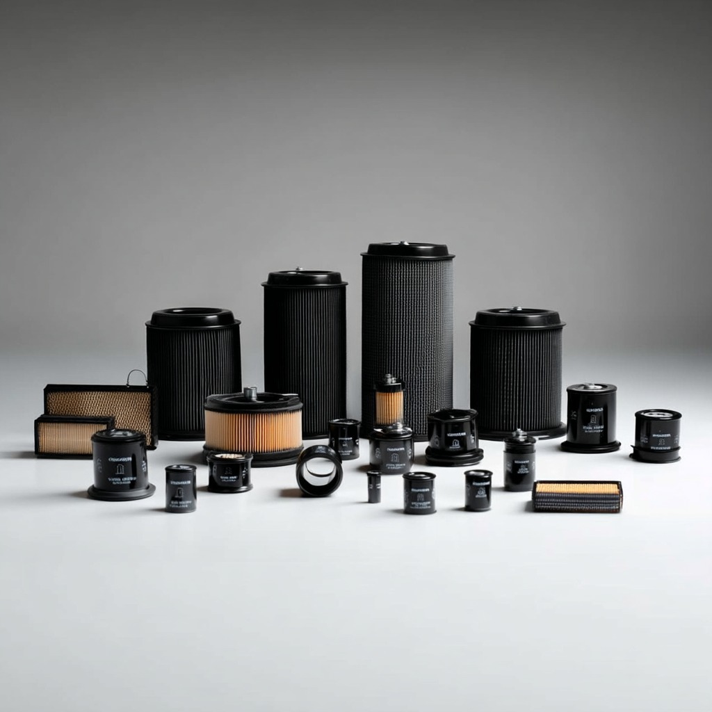 Zestaw różnorodnych filtrów przemysłowych marki Mann Filter, w tym olejowe, paliwowe i powietrzne, na jasnym tle. Widoczne filtry cylindryczne, puszkowe i panelowe.