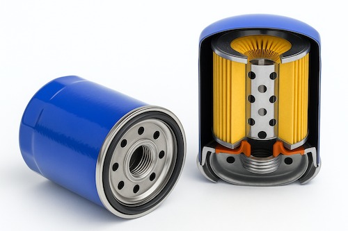 Niebieski filtr oleju silnikowego: przekrój ukazuje żółty wkład filtrujący. Obok leży drugi, kompletny filtr. Precyzyjne detale, czyste tło.