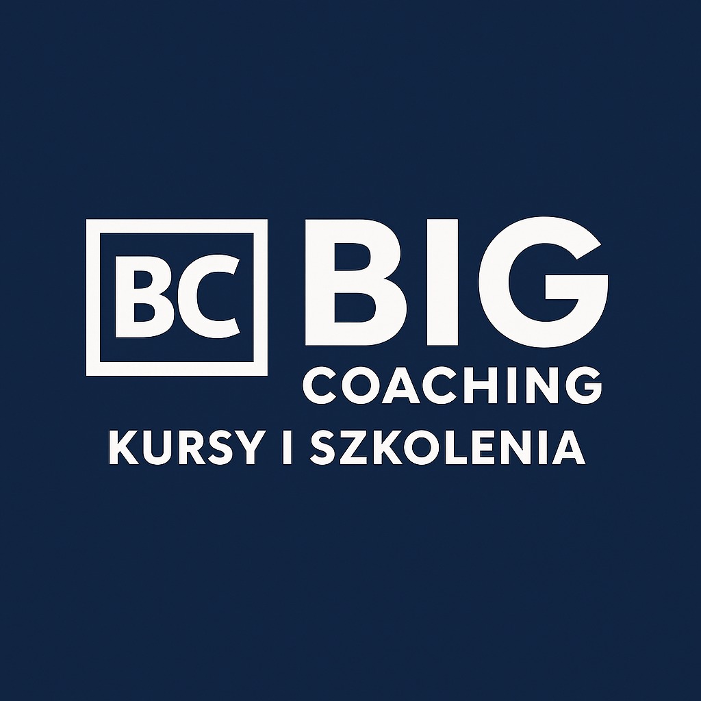 Logo BC BIG Coaching z Jasła na granatowym tle. Oferta kursów i szkoleń. Biały kwadrat z literami BC obok napisu BIG. Nowoczesny font.