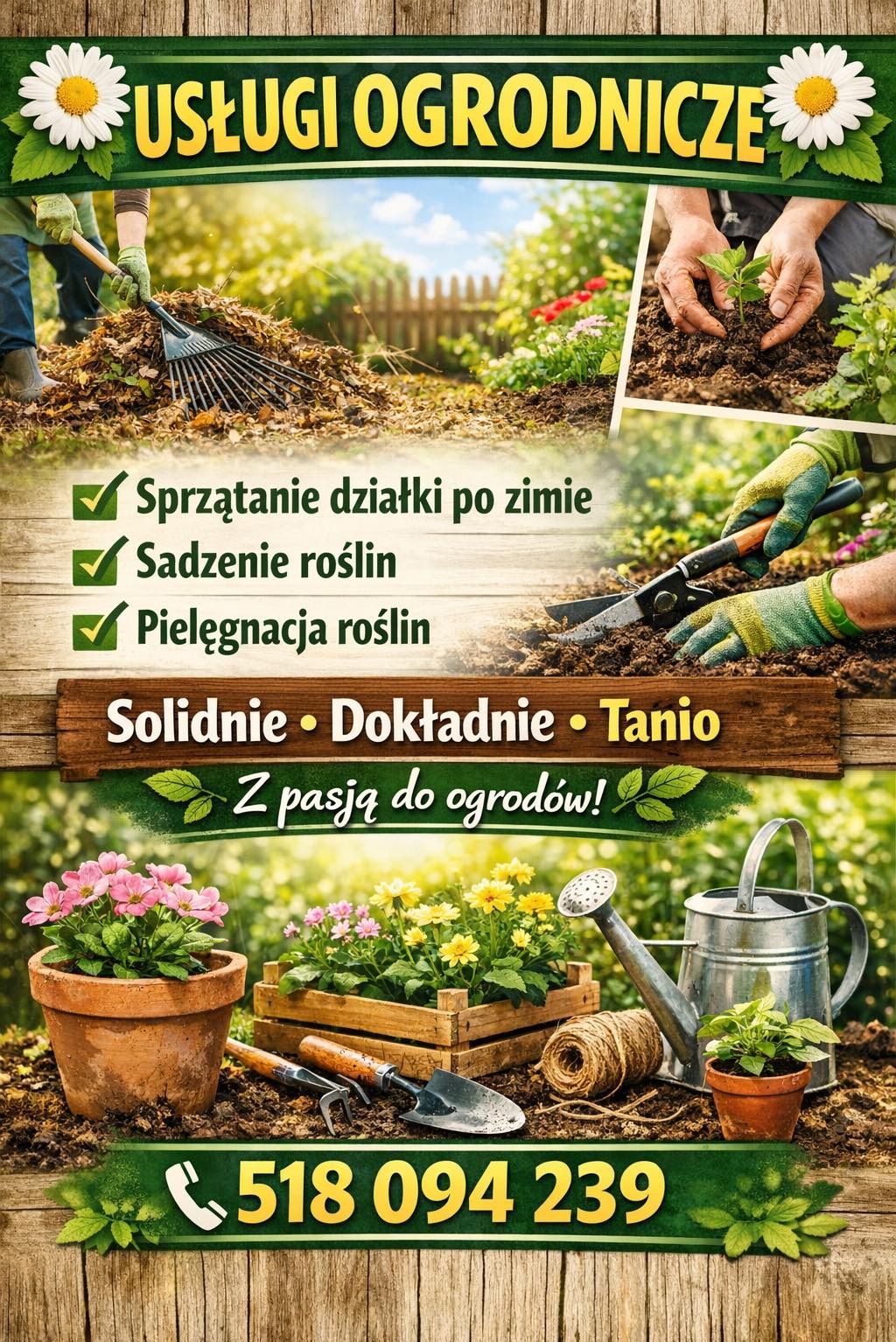 Ogłoszenie usług ogrodniczych: sprzątanie, sadzenie, pielęgnacja roślin. Grabie, sadzonka, sekator, kwiaty w donicach, konewka, narzędzia ogrodnicze. Numer telefonu na drewnianym tle.
