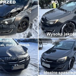 FRAME Olga Drapikowska - Opel Astra J 2013: uszkodzony przód 'PRZED' i naprawiony 'PO'. Wymiana zderzaka, maski i błotnika. Idealne spasowanie, wysoka jakość lakieru. Zima.