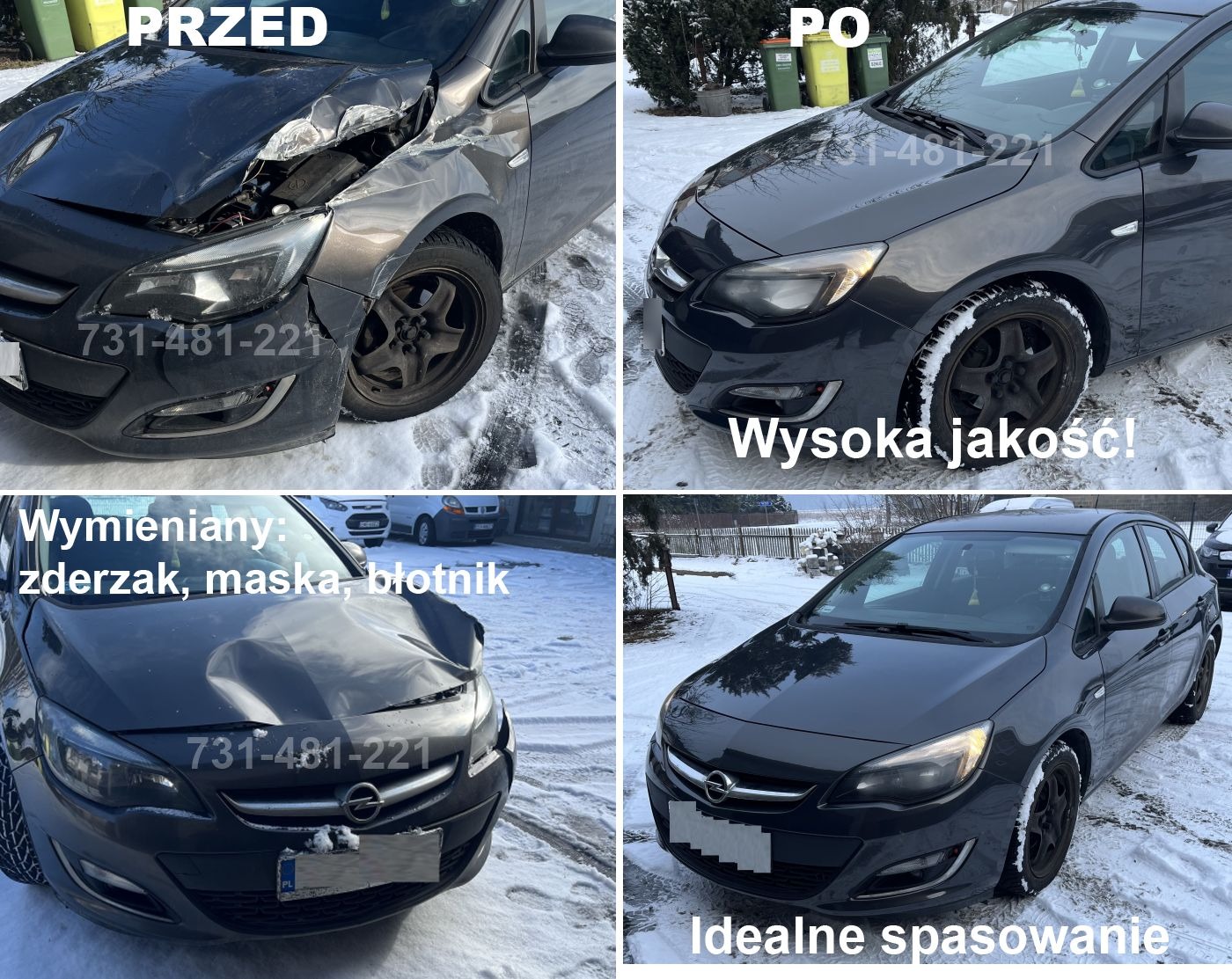 Opel Astra J 2013: uszkodzony przód 'PRZED' i naprawiony 'PO'. Wymiana zderzaka, maski i błotnika. Idealne spasowanie, wysoka jakość lakieru. Zima.