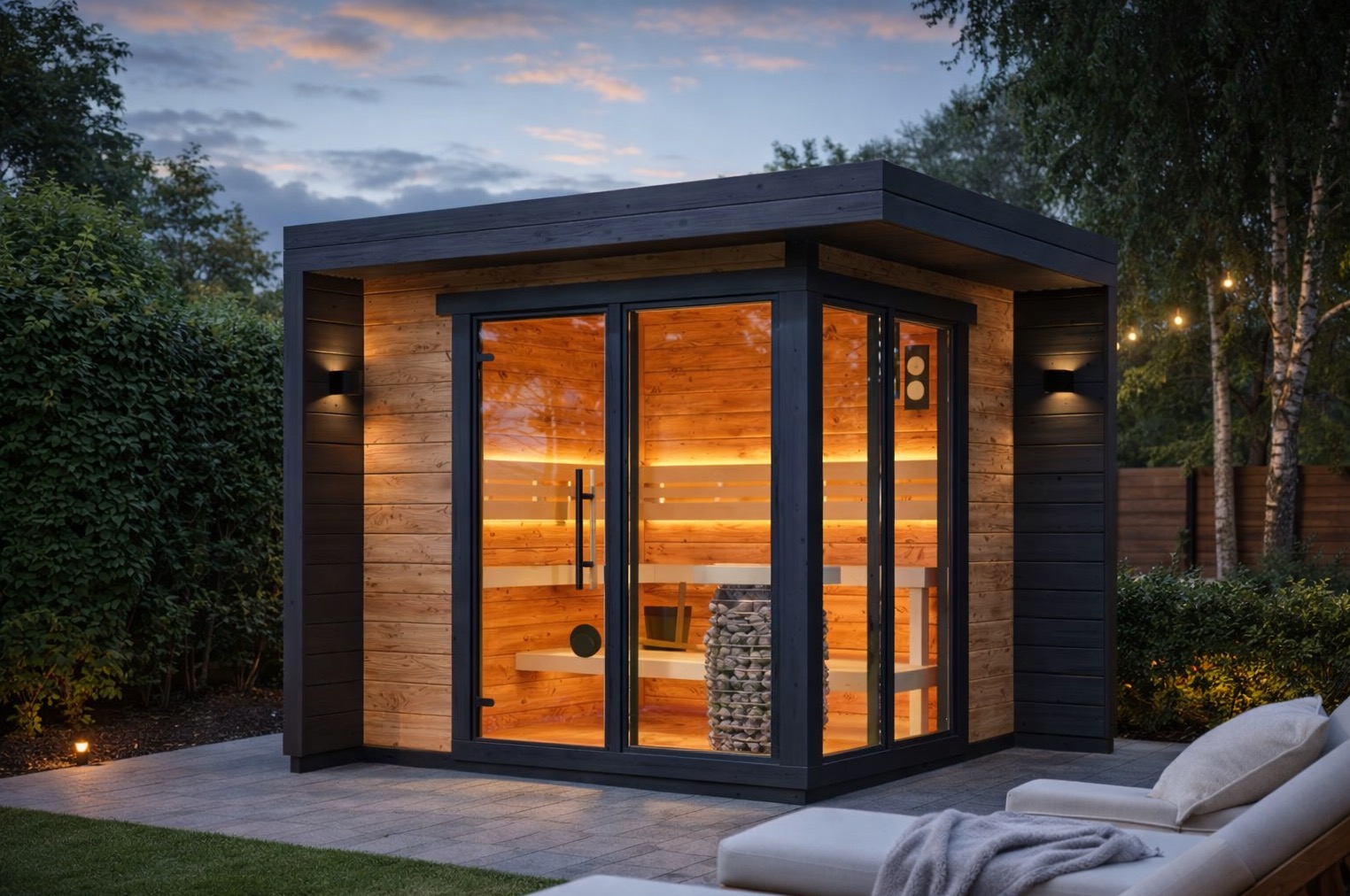Nowoczesna sauna zewnętrzna z przeszklonymi drzwiami, oświetlona ciepłym światłem, otoczona zielenią i elementami relaksu na tarasie.