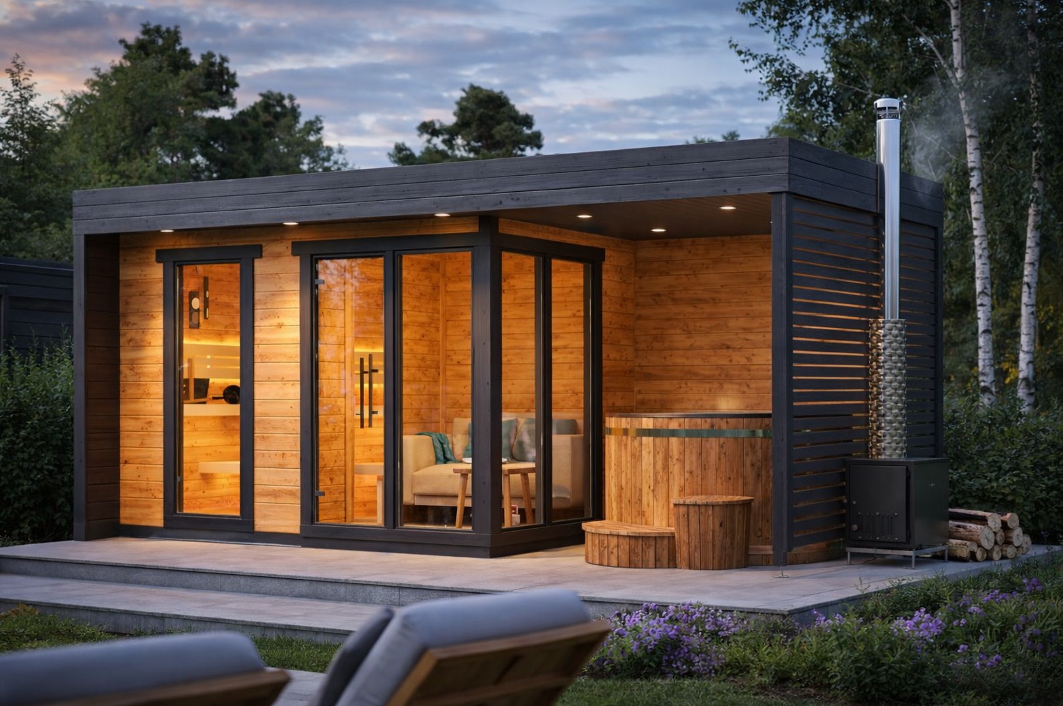 Nowoczesna sauna ogrodowa z drewnianą balią, oświetleniem i piecem. Widoczne detale wykończenia i otoczenie z zielenią. Ujęcie z niskiej perspektywy.