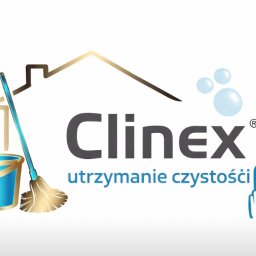 Clinex utrzymanie czystości Dominik Lignar - Grafika z logo Clinex, przedstawiająca sprzęt do sprzątania: wiadro, mop, szczotkę i butelkę ze spryskiwaczem. Utrzymanie czystości.