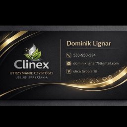 Clinex utrzymanie czystości - Elegancka wizytówka firmy Clinex z logo, danymi kontaktowymi i hasłem 'Utrzymanie czystości, usługi sprzątania' na czarnym tle ze złotymi zdobieniami.