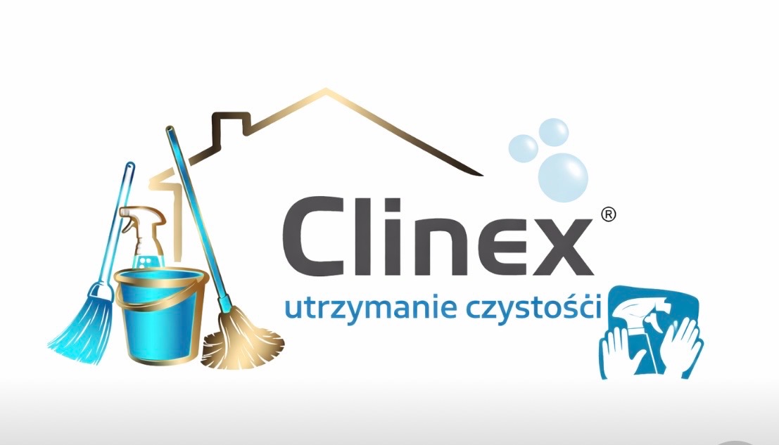 Grafika z logo Clinex, przedstawiająca sprzęt do sprzątania: wiadro, mop, szczotkę i butelkę ze spryskiwaczem. Utrzymanie czystości.