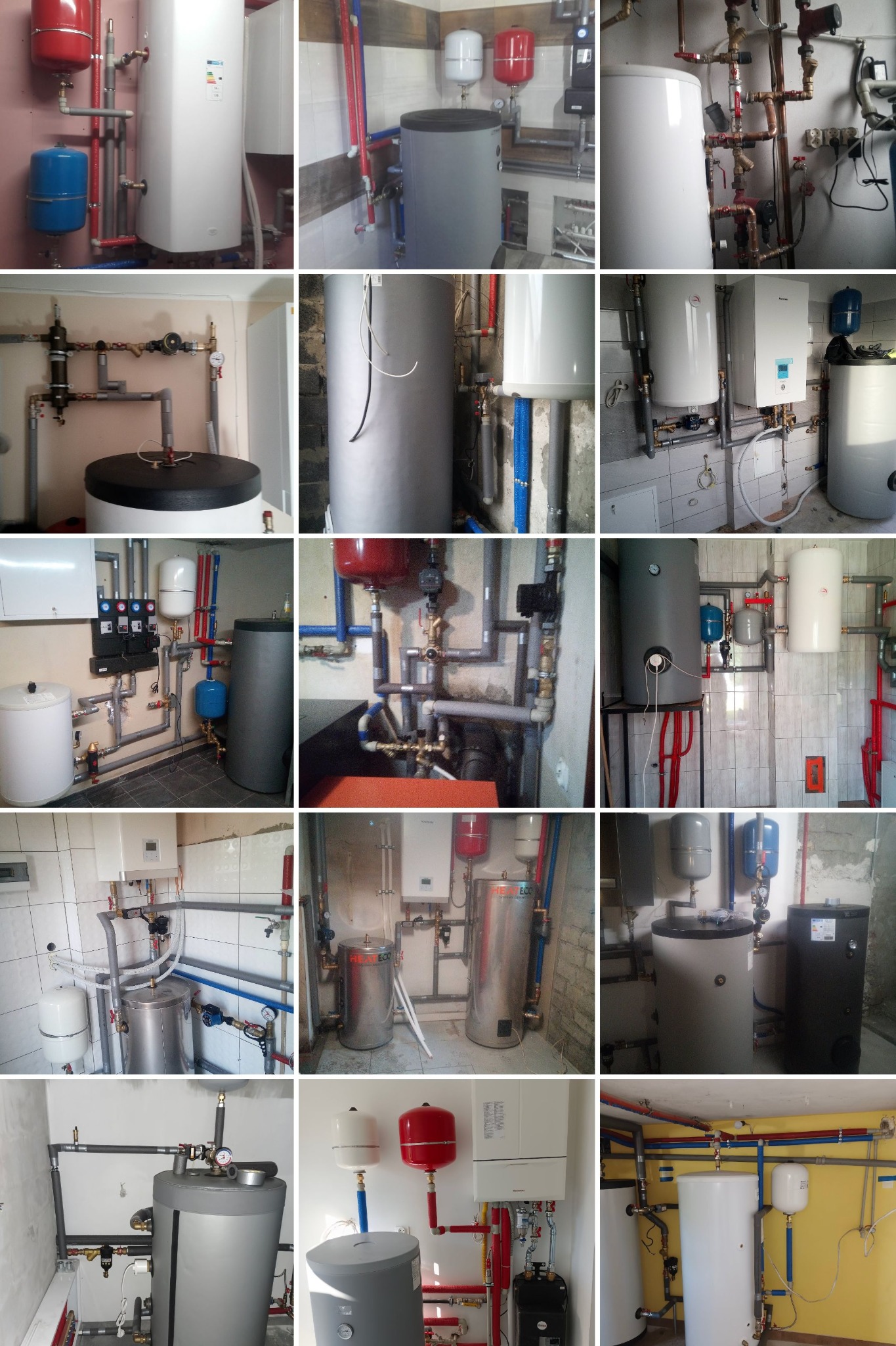 Różnorodne instalacje grzewcze: bojlery, zbiorniki, rury w różnych konfiguracjach i kolorach (czerwony, niebieski, szary) w pomieszczeniach z płytkami.