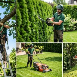 Maciej and - Kompozycja zdjęć: arborysta na drabinie tnie gałęzie, formowanie żywopłotu, koszenie trawnika kosiarką i wykaszarką. Prace ogrodnicze w pełnym toku.