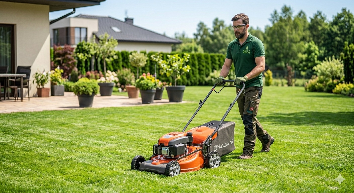 Mężczyzna kosiarką Husqvarna dba o trawnik w ogrodzie w Krakowie. Widoczne drzewa i krzewy w donicach. Usługa koszenia trawy.