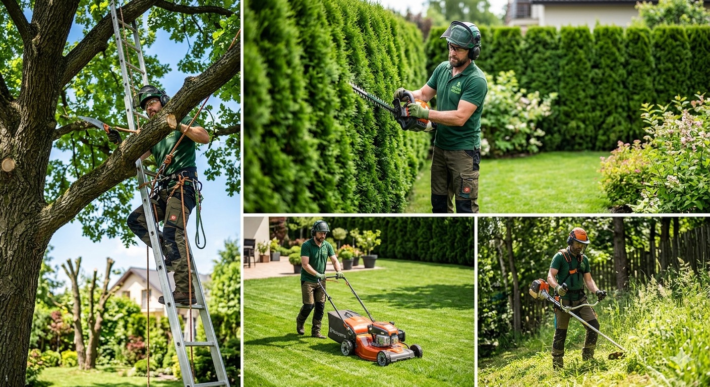 Kompozycja zdjęć: arborysta na drabinie tnie gałęzie, formowanie żywopłotu, koszenie trawnika kosiarką i wykaszarką. Prace ogrodnicze w pełnym toku.