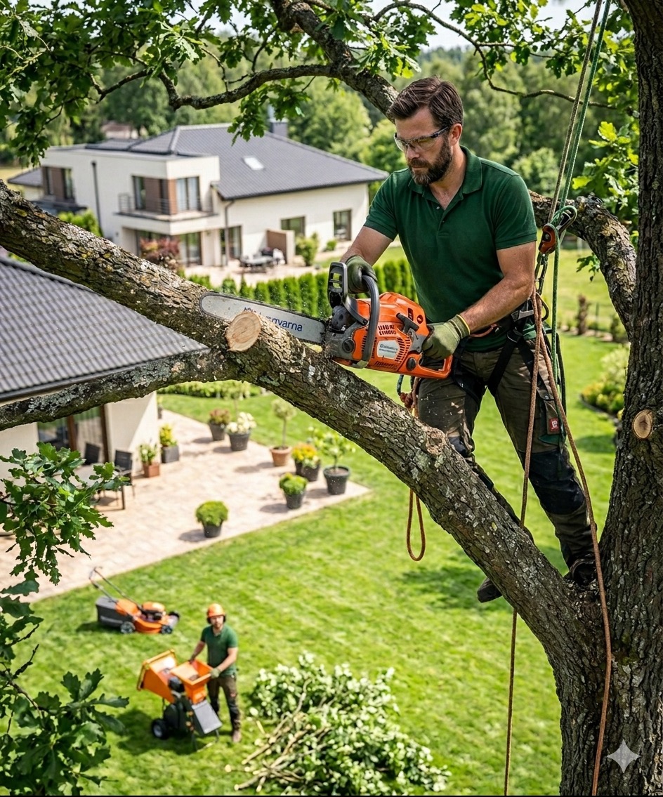 Arborysta w uprzęży tnie gałąź piłą spalinową Husqvarna. W tle dom, trawnik, drugi pracownik z rozdrabniaczem gałęzi i kosiarka. Bezpieczeństwo i profesjonalizm.