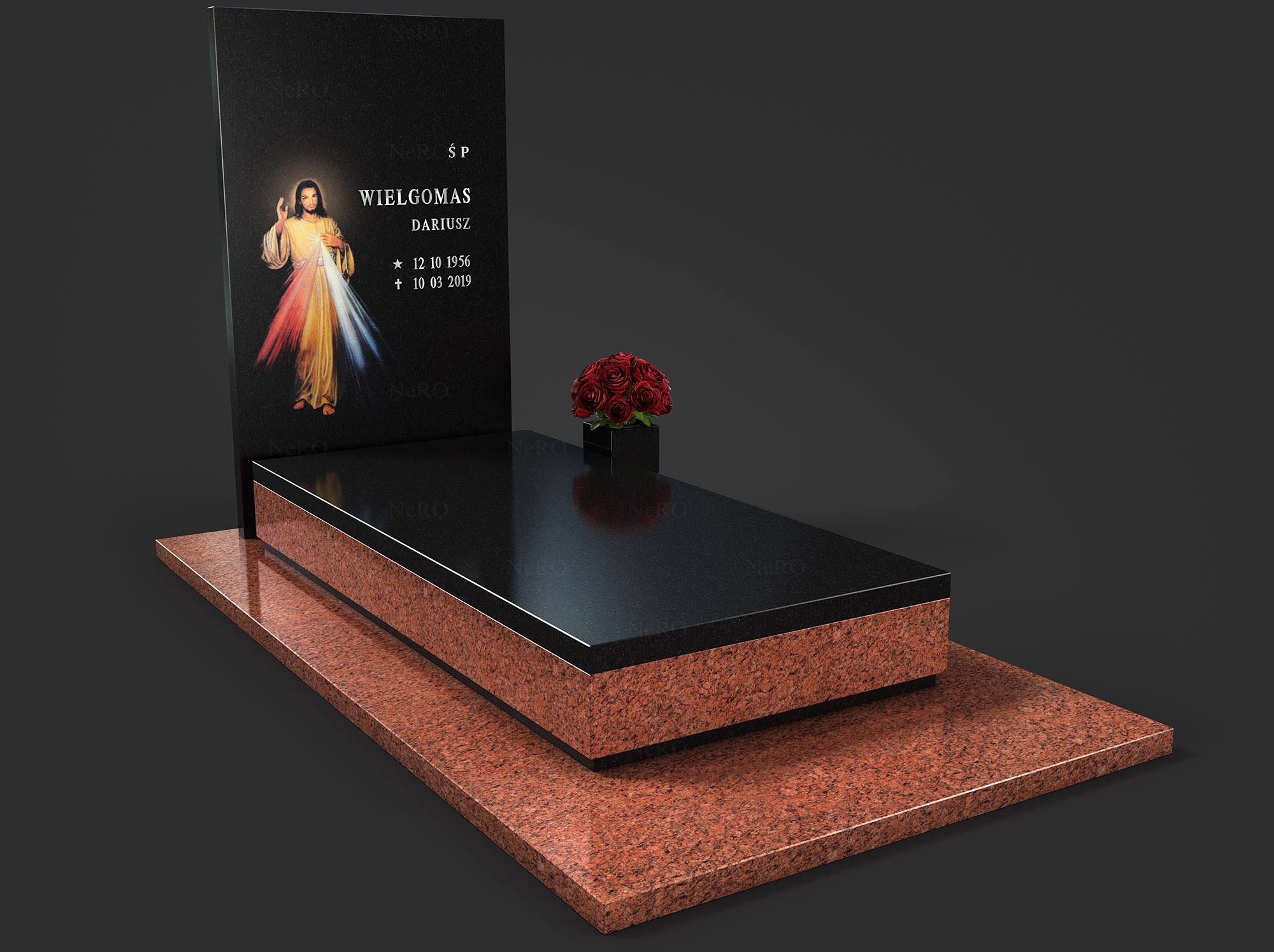 Czarny nagrobek z czerwonymi akcentami i wizerunkiem Jezusa, ozdobiony bukietem czerwonych róż. Elegancki pomnik z inskrypcją na ciemnym tle.