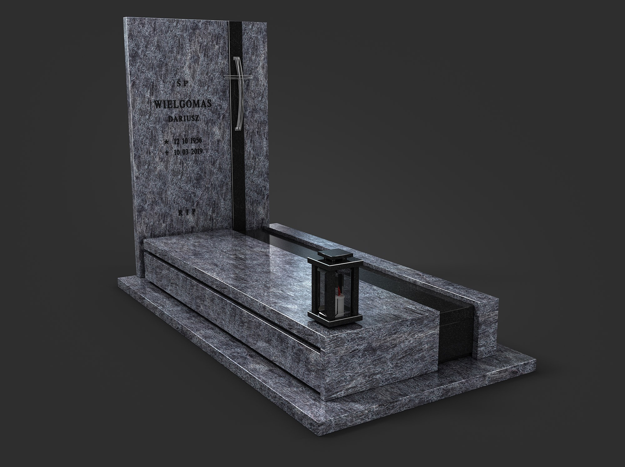 Granitowy nagrobek z inskrypcją i lampionem, prezentowany na ciemnym tle. Widoczna faktura kamienia i metalowy krzyż. Minimalistyczny design.