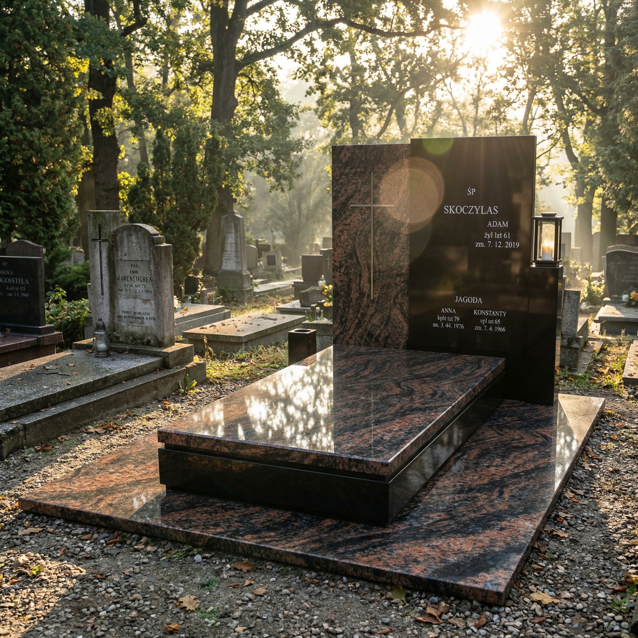 Nowoczesny nagrobek z ciemnego granitu z elementami w odcieniach brązu, oświetlony promieniami słońca na tle cmentarza z drzewami i innymi nagrobkami.