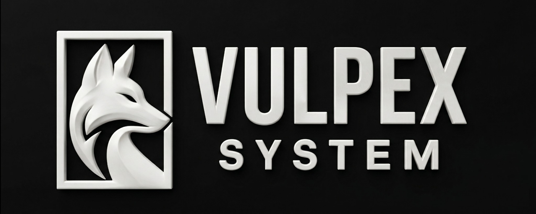 Białe logo 'VULPEX SYSTEM' z wizerunkiem lisa w ramce na czarnym tle. Minimalistyczny design, wyraźne liternictwo, nowoczesny styl.