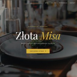 Voxquartz Systems - Zrzut ekranu strony internetowej restauracji 'Złota Misa' z Warszawy, prezentujący dania kuchni polskiej w nowoczesnym wydaniu. Widoczne elementy menu i przycisk rezerwacji.