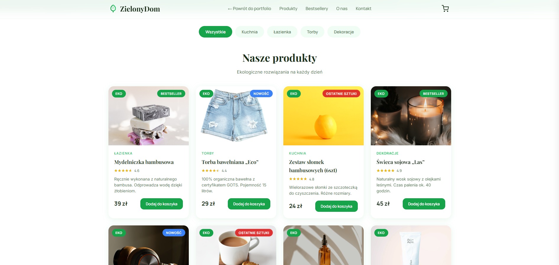 Strona internetowa sklepu z ekologicznymi produktami: mydelniczka bambusowa, torba bawełniana, zestaw słomek, świeca sojowa. Kategorie: kuchnia, łazienka, torby, dekoracje.