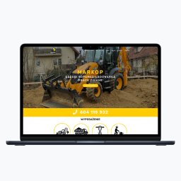 Tofimedia Tomasz Czarzbon - Strona internetowa firmy MARKOP na laptopie, prezentująca usługi koparko-ładowarką i prace ziemne. Żółto-biała kolorystyka, widoczny numer telefonu i ikony wyposażenia.