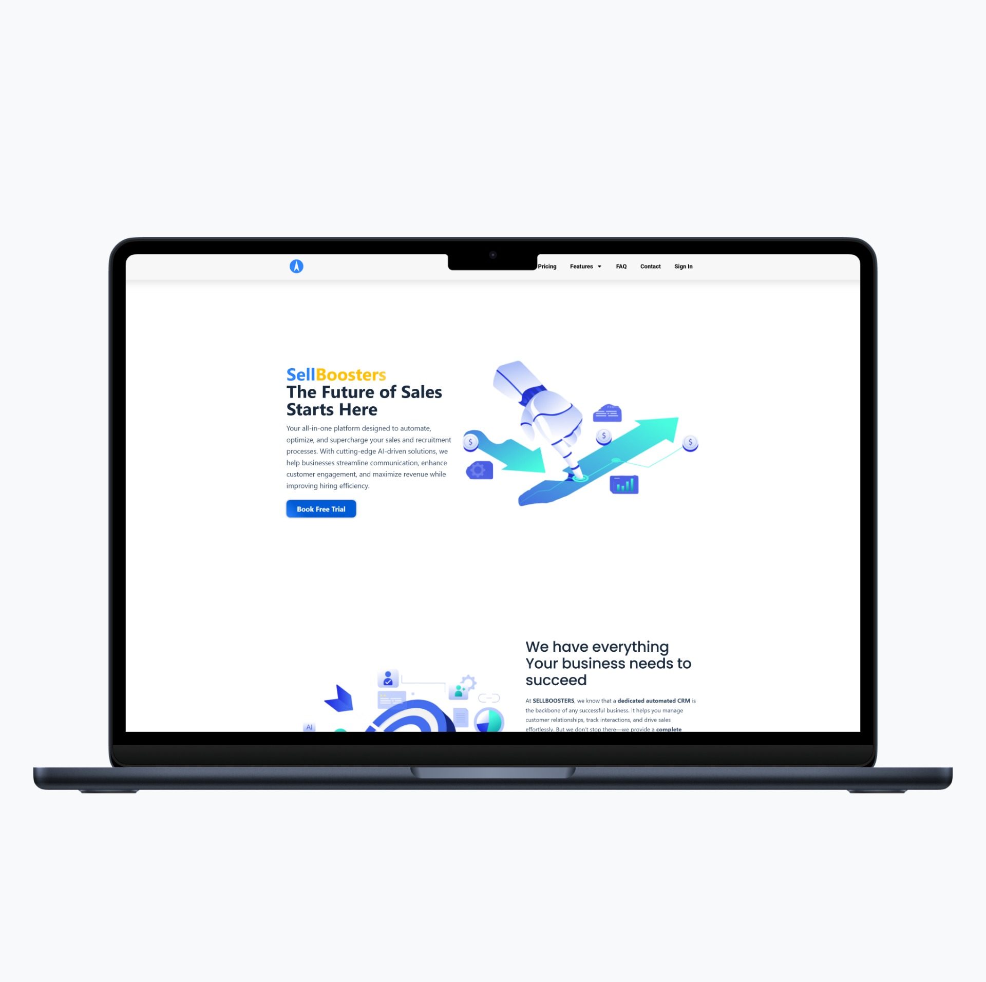 Laptop wyświetla stronę SellBoosters z robotem i strzałkami, promującą automatyzację sprzedaży i CRM. Minimalistyczny design, jasne tło, nowoczesna grafika.