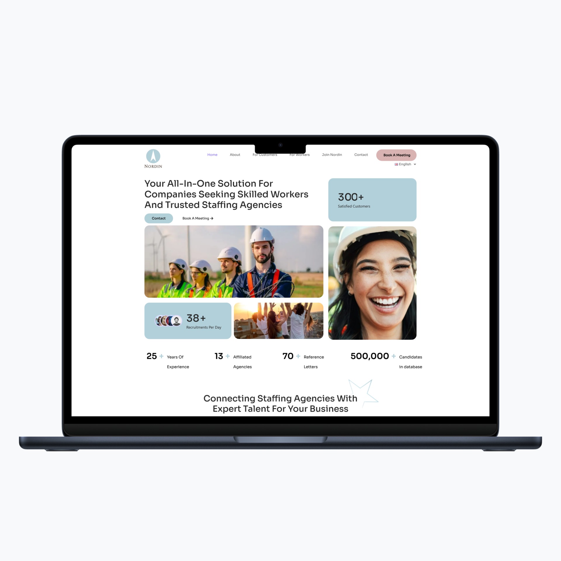 Strona internetowa na laptopie prezentująca agencję rekrutacyjną. Widoczne zdjęcia pracowników w kaskach, statystyki i przycisk 'Book a Meeting'. Minimalistyczny design.