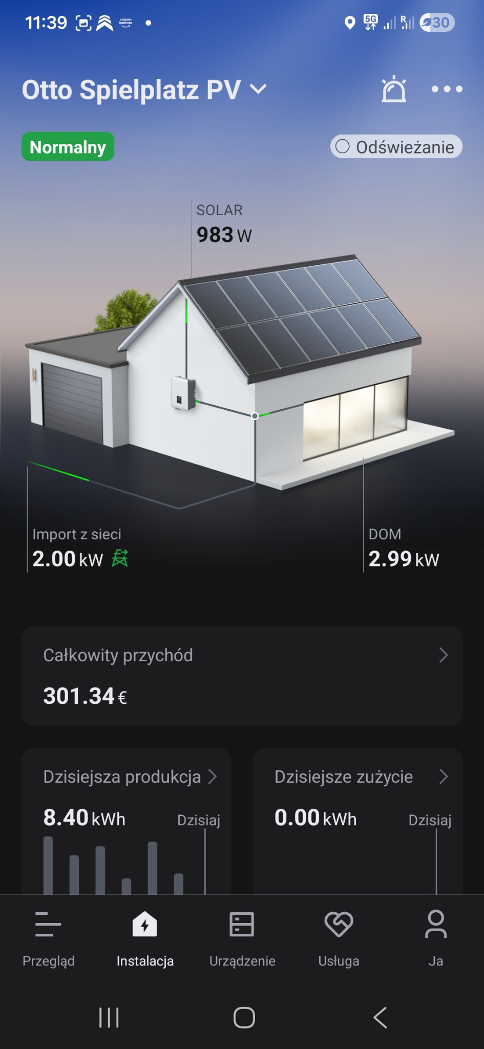 Aplikacja monitorująca produkcję energii z paneli słonecznych na dachu domu. Wyświetlane dane: produkcja, zużycie, import z sieci, całkowity przychód.