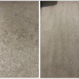 Let's Clean - Dywan z wzorem w odcieniach beżu: po lewej stronie widoczny brudny, po prawej czysty po praniu. Ukazuje efekt usługi czyszczenia dywanów.