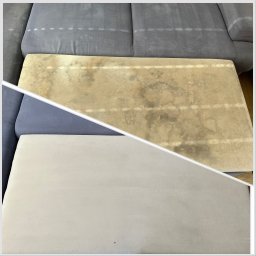 Let's Clean - Szara sofa z widocznym efektem prania tapicerki: górna część 'przed' z plamami, dolna 'po' - czysta, jasna. Kontrastowe ujęcie prezentuje skuteczność usługi.