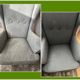 Let's Clean - Szary fotel typu uszak przed i po czyszczeniu tapicerki. Widoczne plamy na siedzisku przed zabiegiem, a po - czysta, odświeżona tkanina. Porównanie efektu.