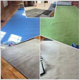 Let's Clean - Kolaż czterech zdjęć dywanów: niebieski, zielony, szary i beżowy. Dwa z nich ukazują proces czyszczenia z użyciem odkurzacza piorącego.