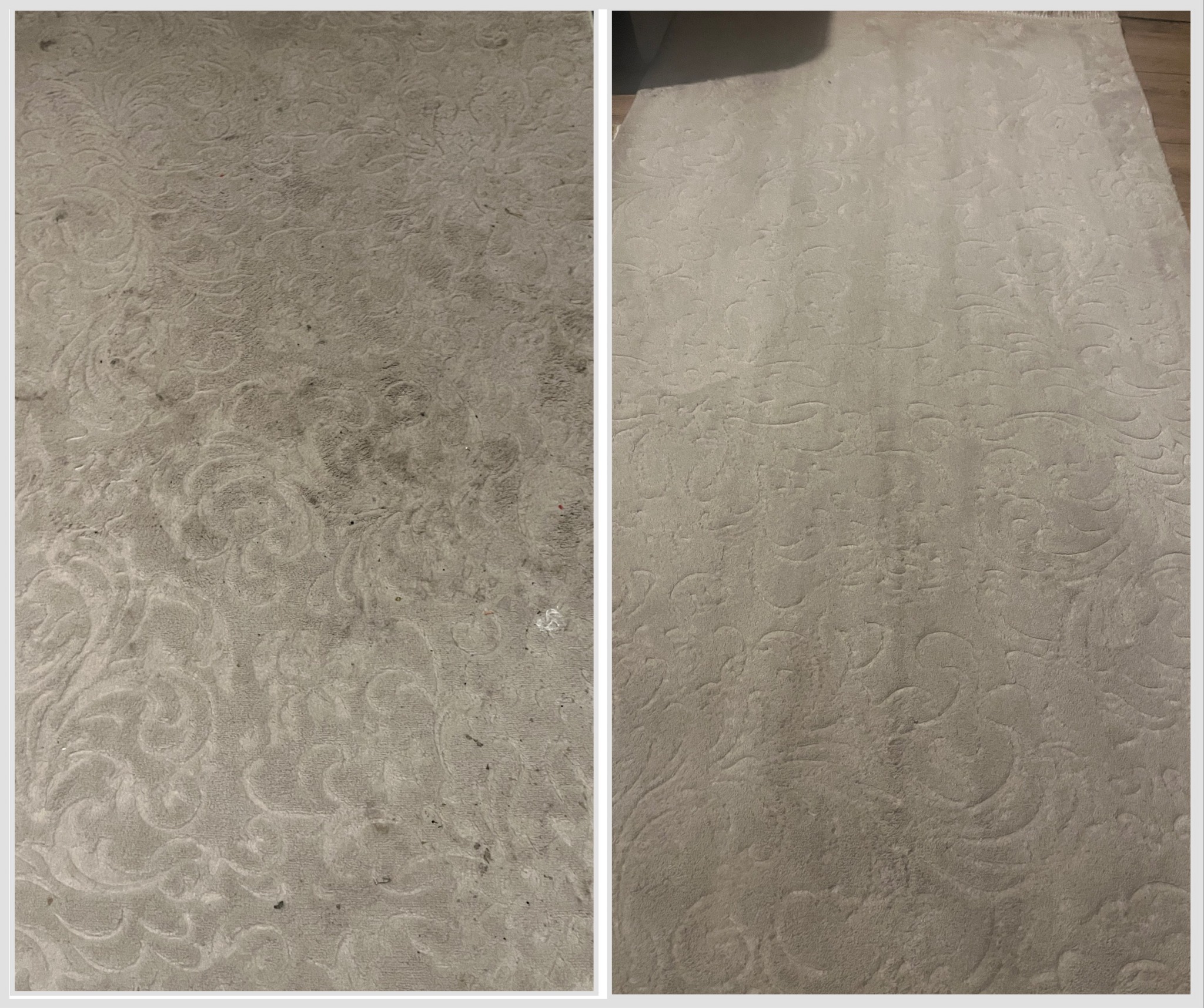 Dywan z wzorem w odcieniach beżu: po lewej stronie widoczny brudny, po prawej czysty po praniu. Ukazuje efekt usługi czyszczenia dywanów.