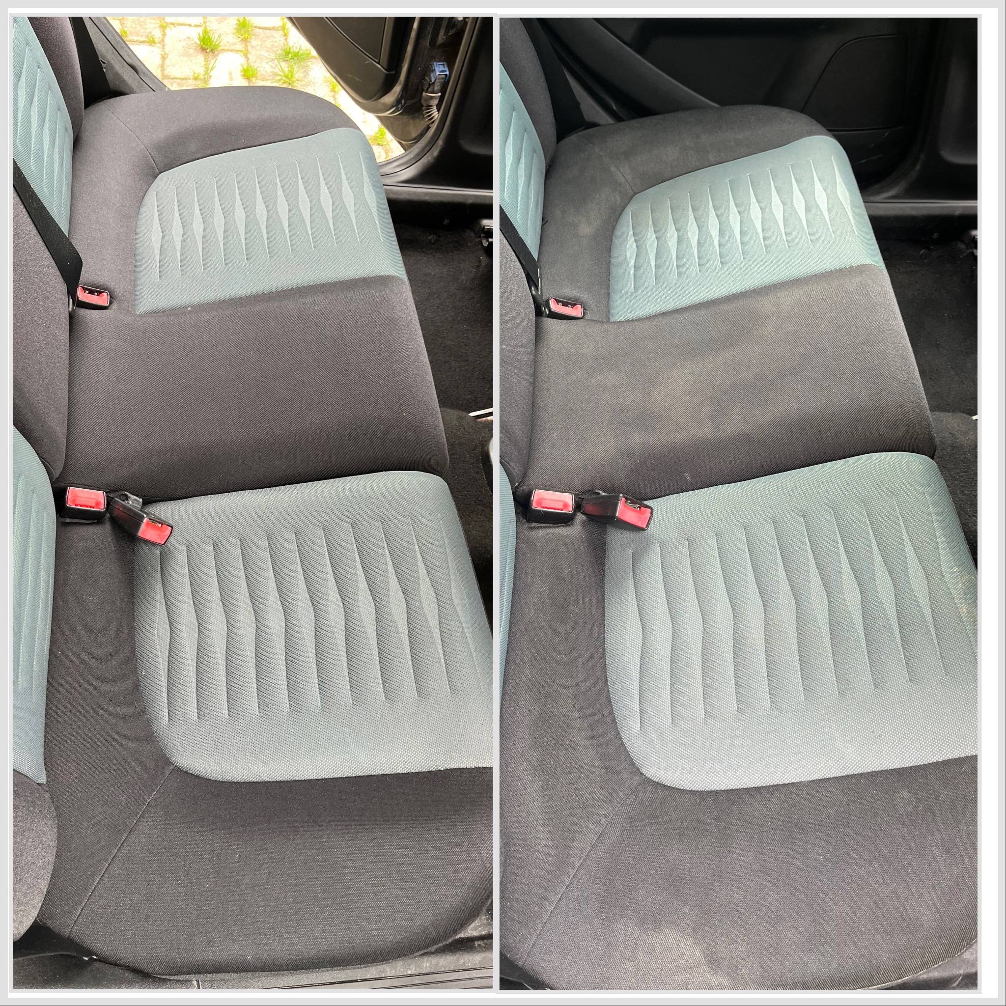 Tapicerka samochodowa w układzie 'przed i po' czyszczeniu. Po lewej stronie widoczny brud, po prawej czysta powierzchnia. Jasne, naturalne oświetlenie.