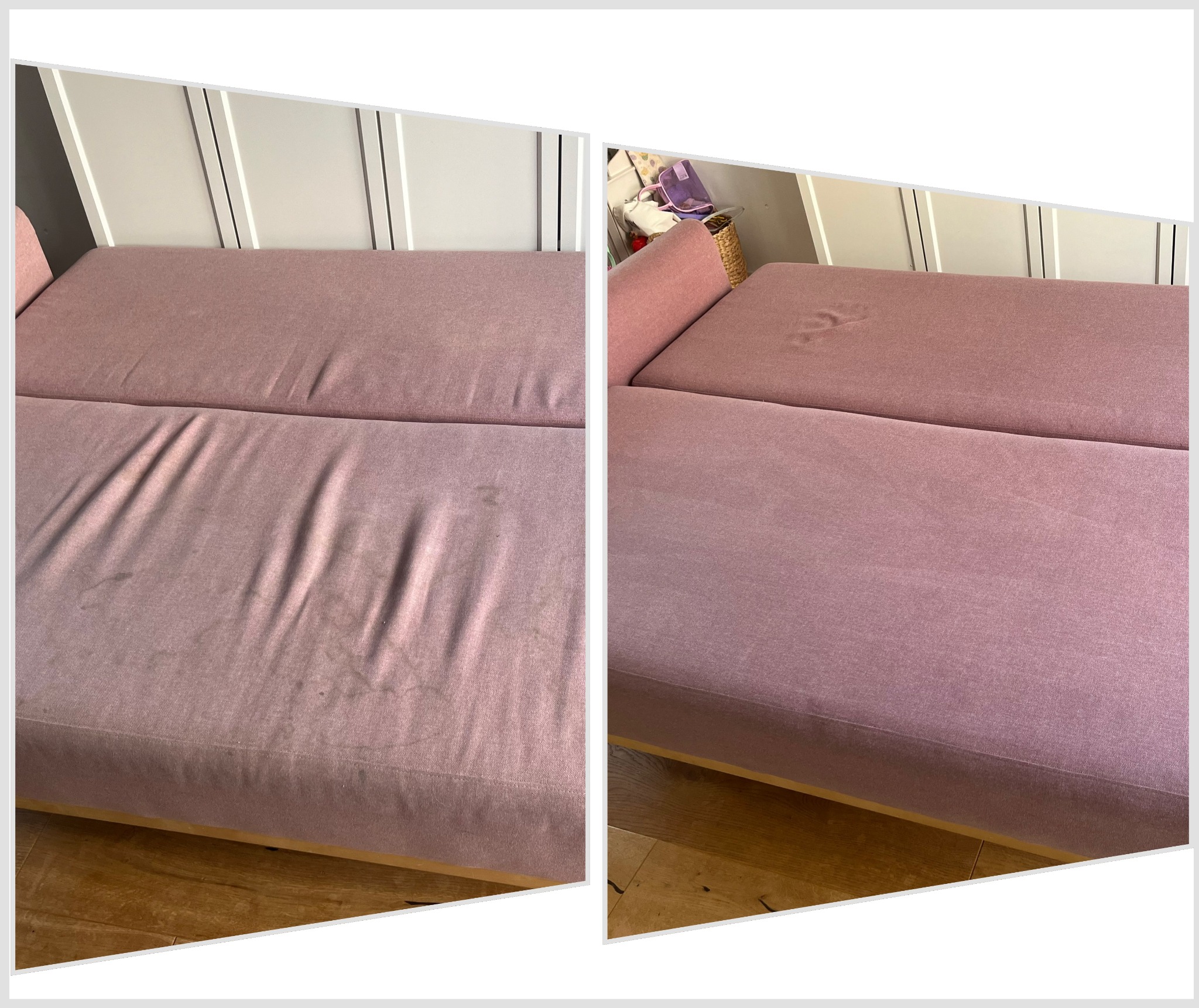 Różowa kanapa przed i po czyszczeniu tapicerki. Po lewej widoczne zabrudzenia, po prawej czysta powierzchnia. Efekt prania tapicerki meblowej.