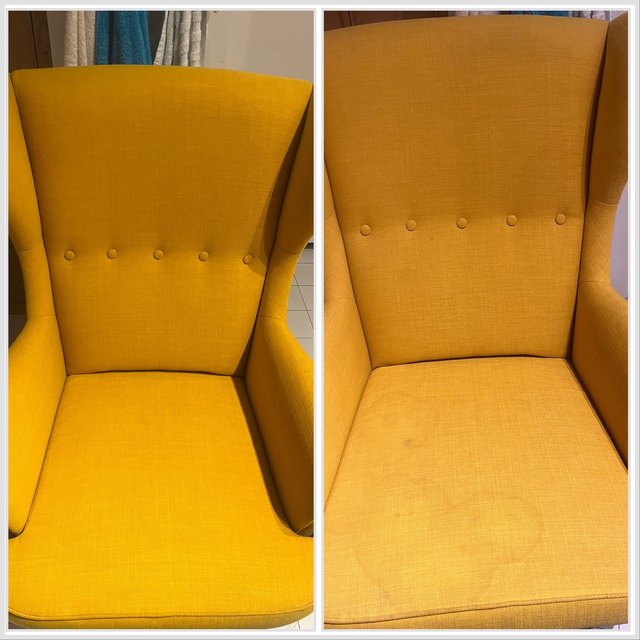 Żółty fotel typu uszak: po lewej czysty, po prawej z plamami przed czyszczeniem. Widoczne różnice w odcieniu i czystości tapicerki. Efekt prania.