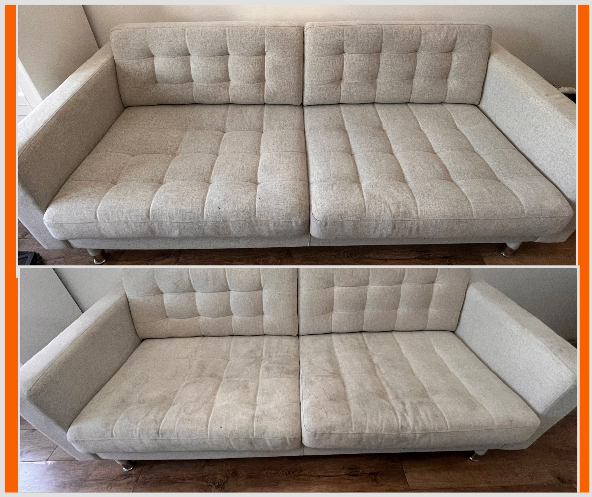 Dwu-częściowe ujęcie sofy: górna połowa pokazuje czystą, jasną tapicerkę po praniu, dolna połowa prezentuje sofę przed czyszczeniem, z widocznymi plamami i zabrudzeniami.