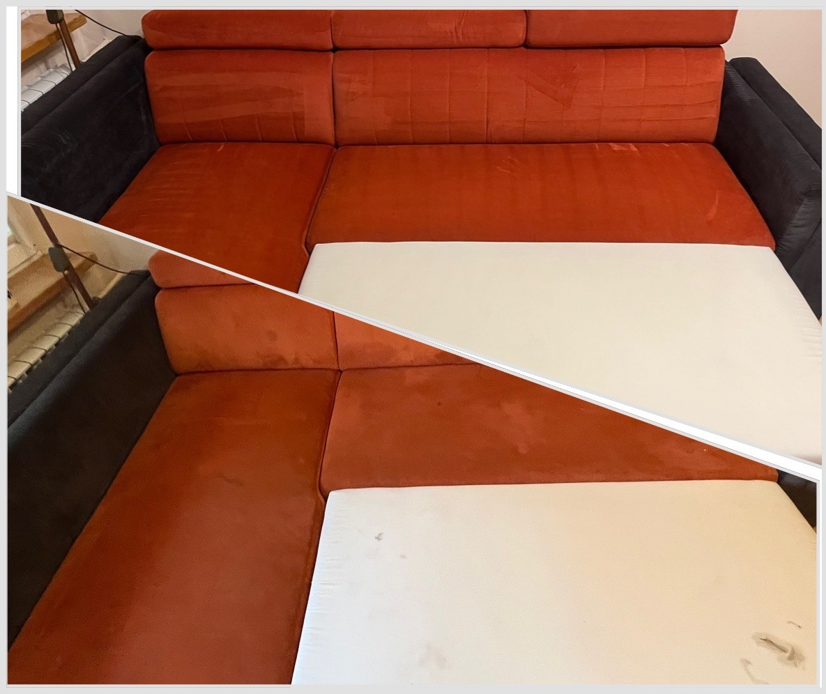Częściowo wyprana, narożna kanapa z pomarańczową tapicerką. Widoczny efekt czyszczenia: po lewej stronie zabrudzenia, po prawej czysta powierzchnia. Ujęcie z góry.