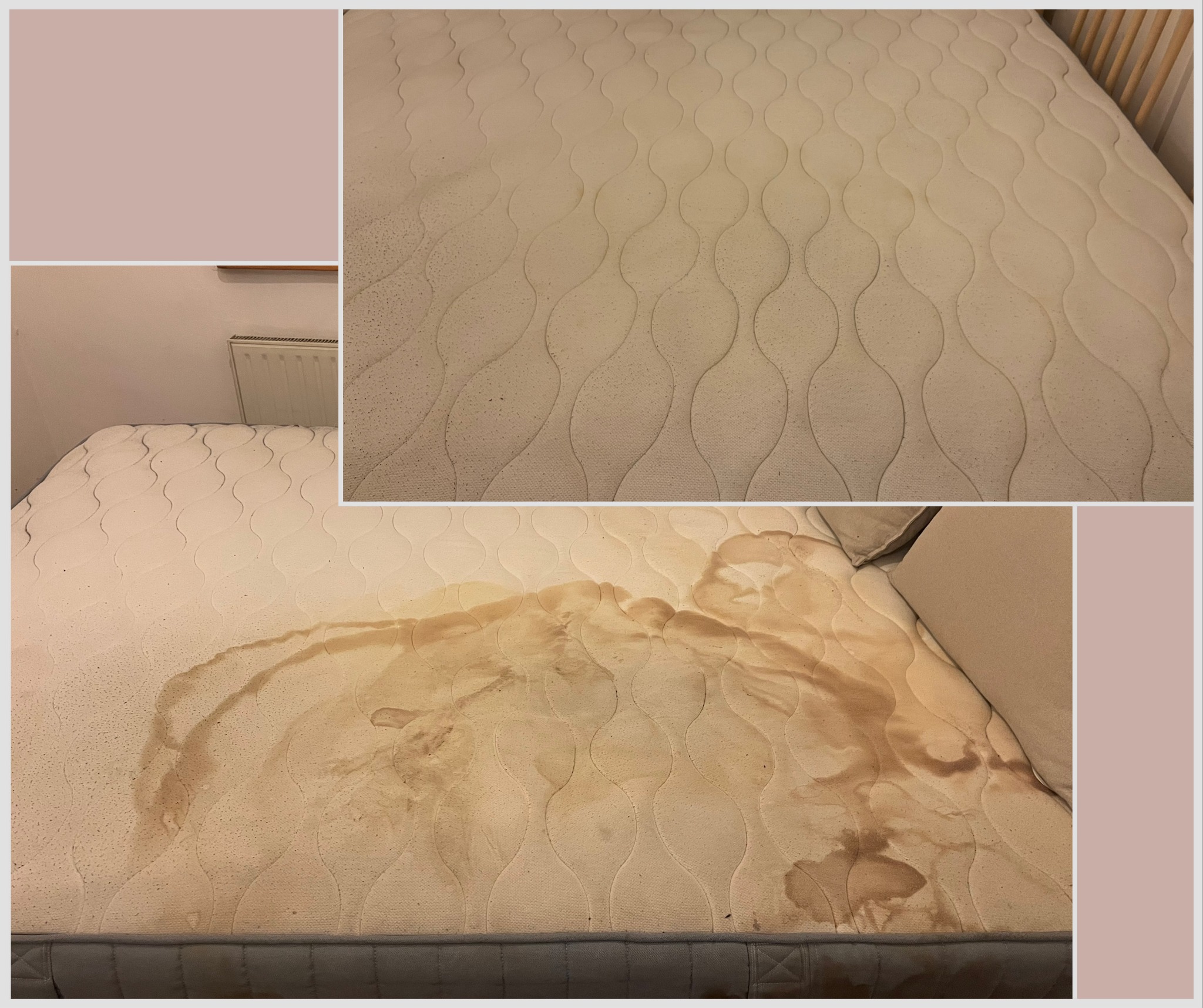 Materac z plamami przed czyszczeniem w Krakowie. Widoczne zabrudzenia na jasnej powierzchni. Porównanie stanu przed i po zabiegu.