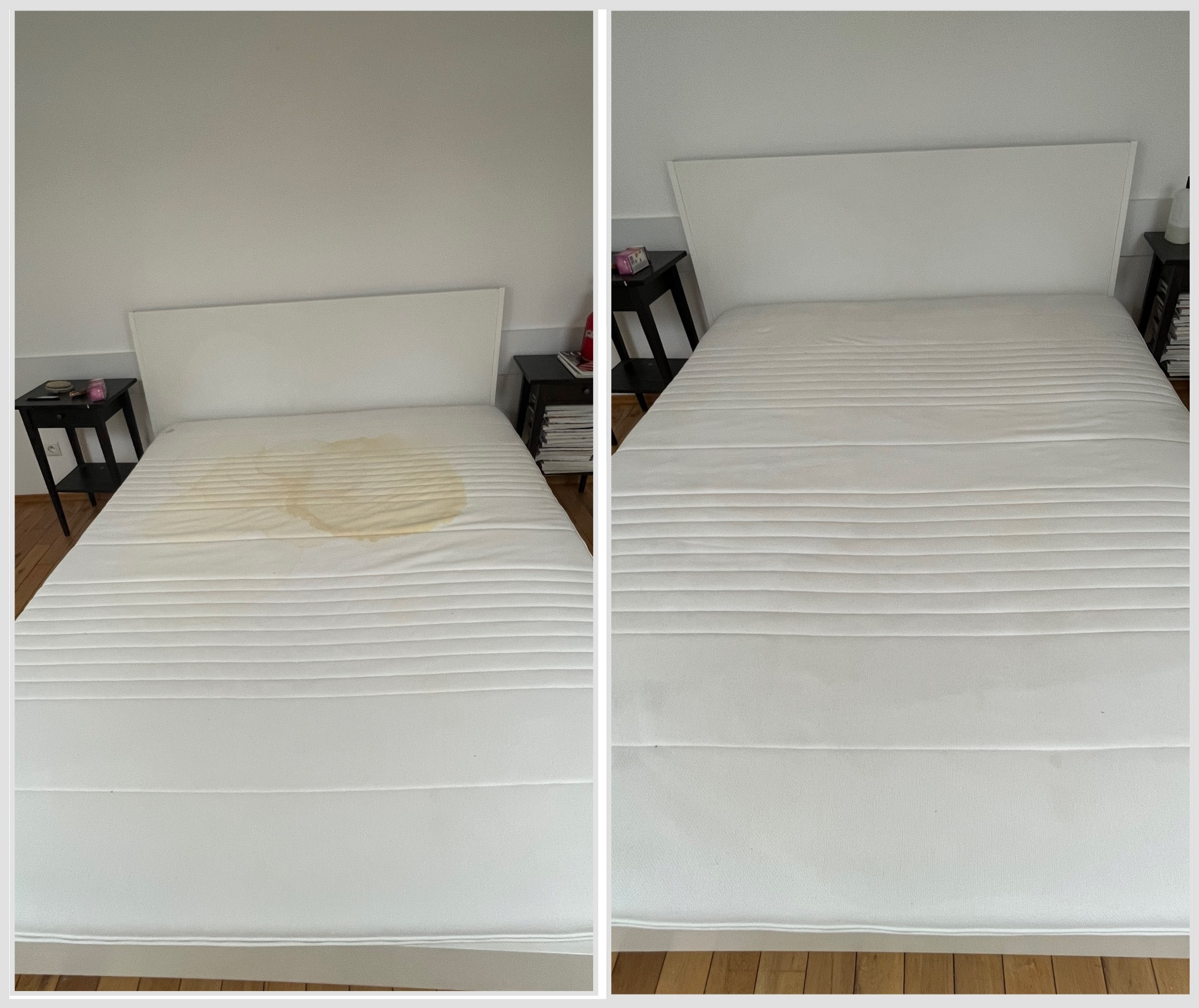 Materac przed i po czyszczeniu. Po lewej stronie widoczna plama, po prawej materac czysty. Biały materac z zagłówkiem na łóżku w sypialni.