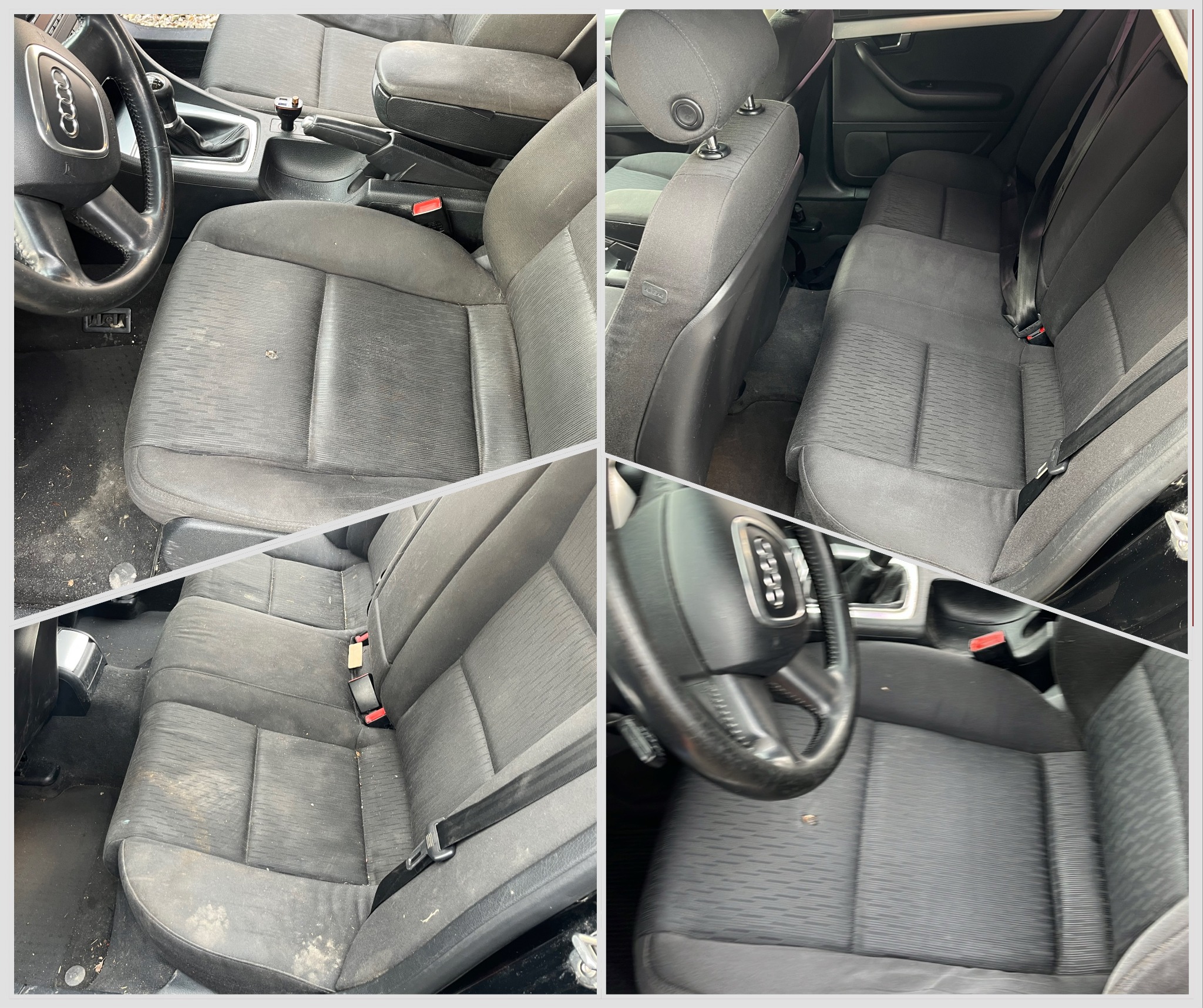Kolaż wnętrza samochodu Audi przed czyszczeniem: brudne fotele, kierownica i podłoga. Widoczne plamy i zabrudzenia na tapicerce.