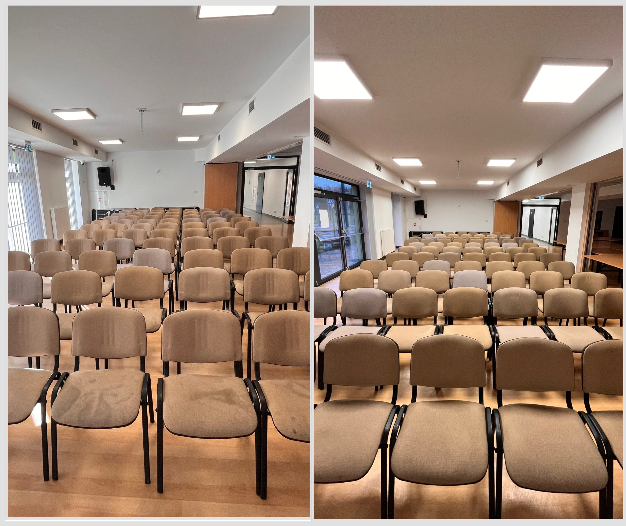 Sala konferencyjna przed i po czyszczeniu krzeseł. Widoczne różnice w czystości tapicerki, jasne oświetlenie, drewniana podłoga. Ujęcie z bliska na krzesła.