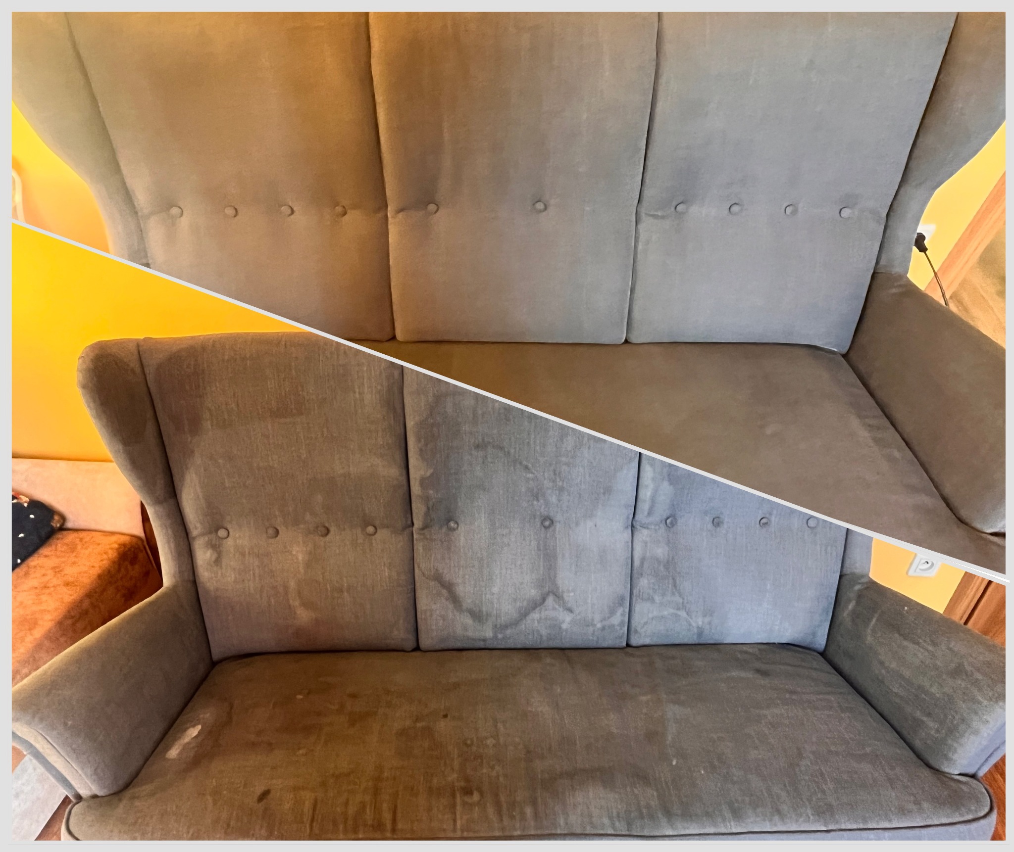 Sofa typu uszak przed i po czyszczeniu tapicerki, widoczne wyraźne różnice w kolorze i czystości materiału. Ujęcie z przodu, na żółtym tle ściany.