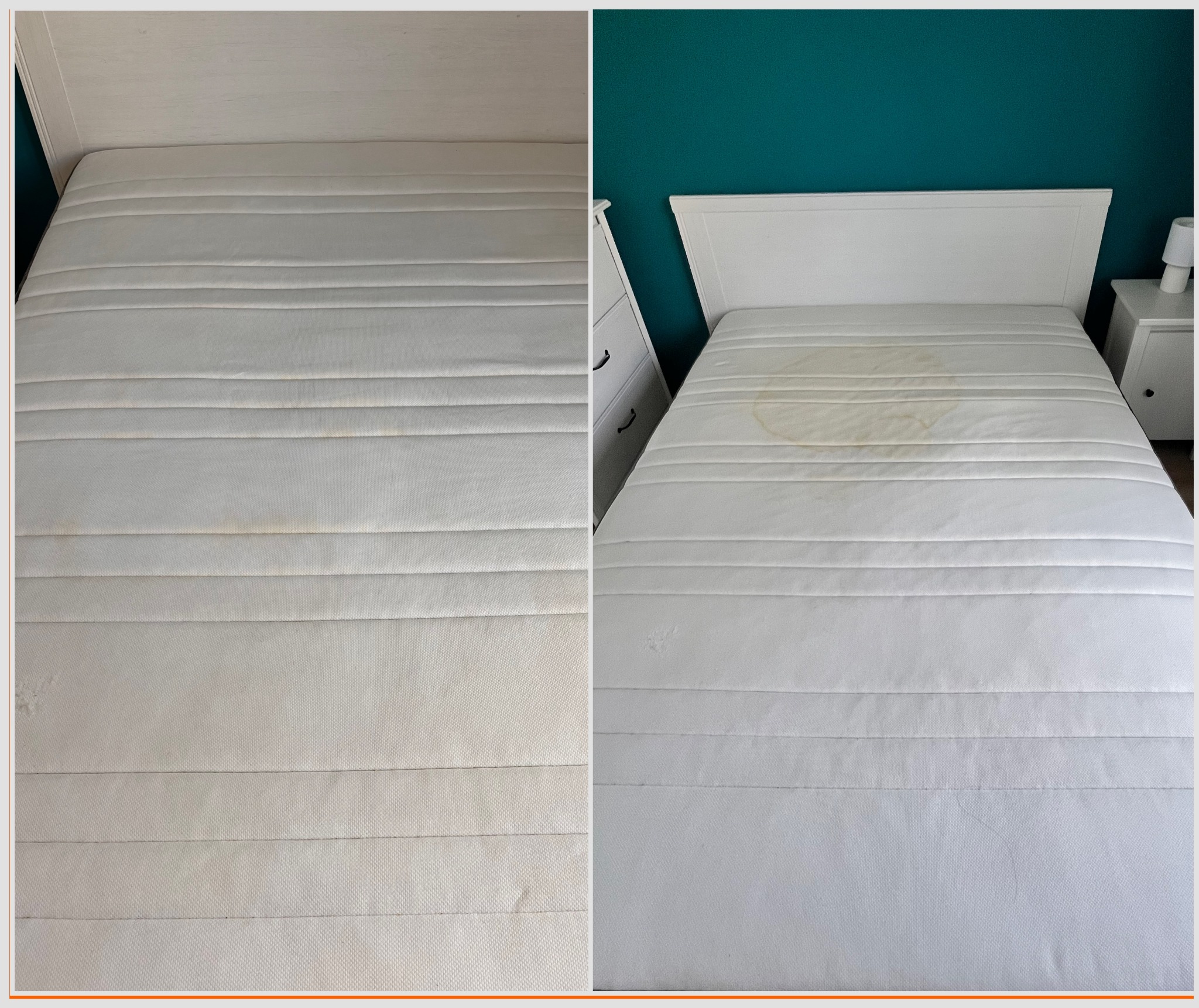 Zdjęcie 'przed i po' prania materaca na łóżku z białym zagłówkiem. Po lewej materac z widocznymi plamami, po prawej czysty materac po praniu. Turkusowa ściana w tle.