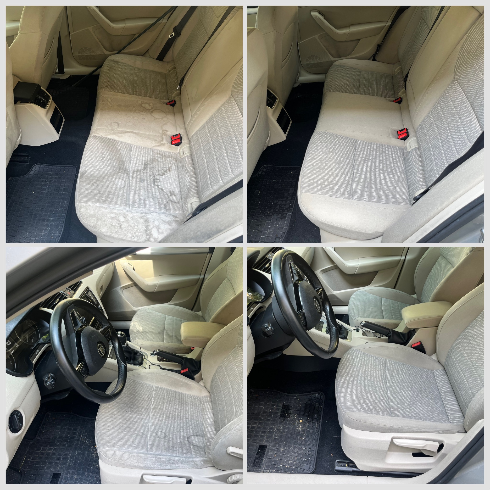 Tapicerka samochodowa przed i po czyszczeniu: beżowe fotele z widocznymi plamami i zabrudzeniami, a następnie odświeżone, czyste, z zachowaną strukturą materiału.