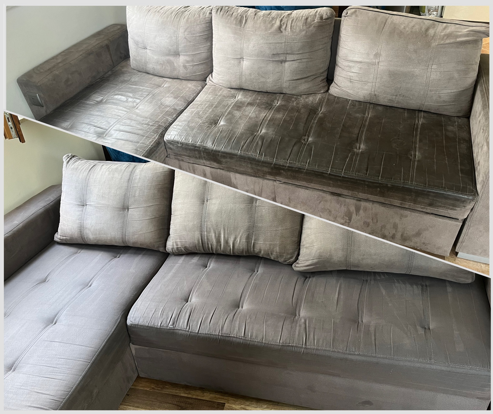 Szara, narożna kanapa tapicerowana: górna połowa zdjęcia ukazuje zabrudzoną tapicerkę przed czyszczeniem, dolna połowa prezentuje efekt po praniu, z widoczną różnicą w czystości.