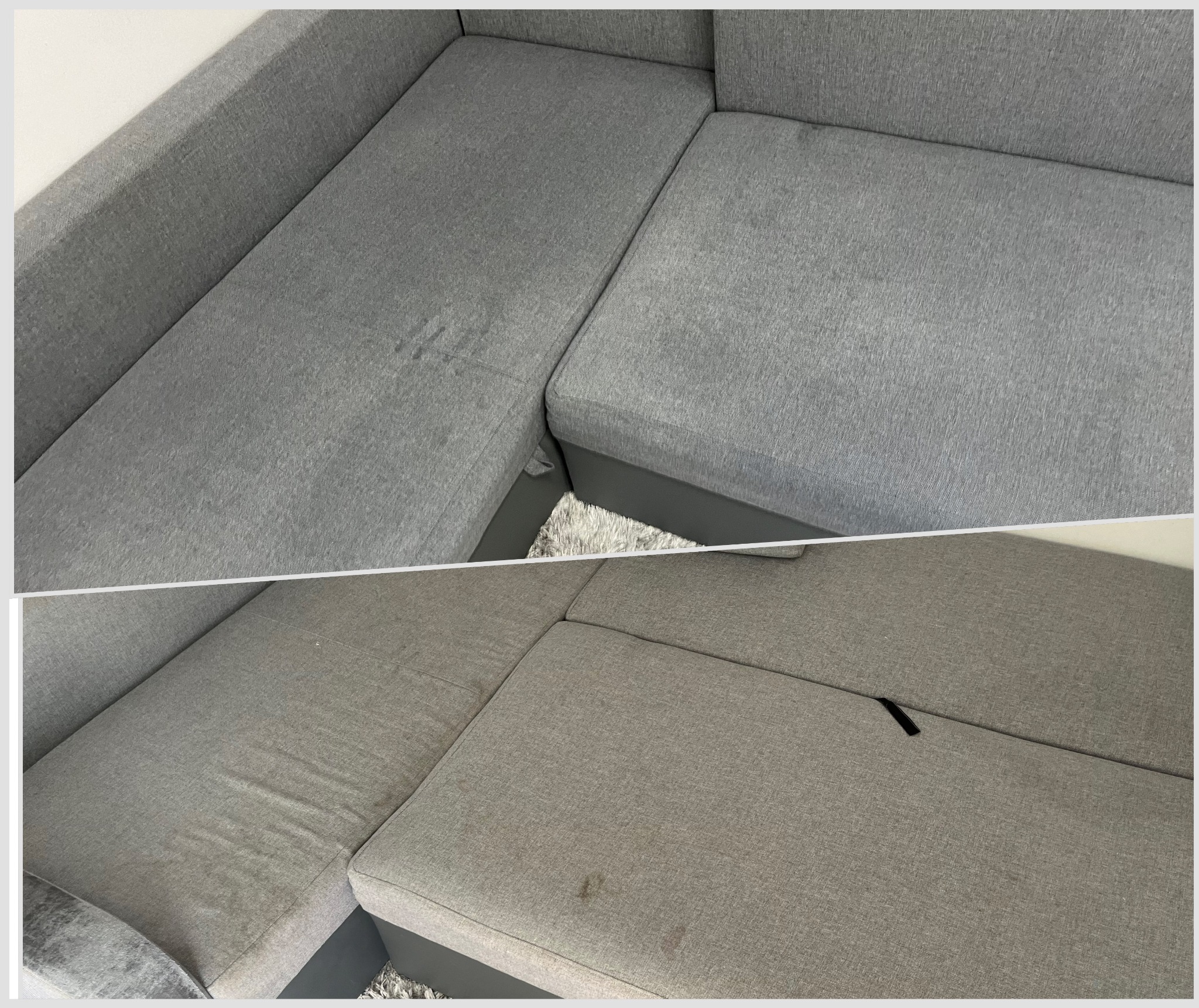 Szara kanapa narożna przed i po czyszczeniu. Widoczne różnice w odcieniu i usunięte plamy. Ujęcie z góry, pokazujące efekt prania tapicerki meblowej.