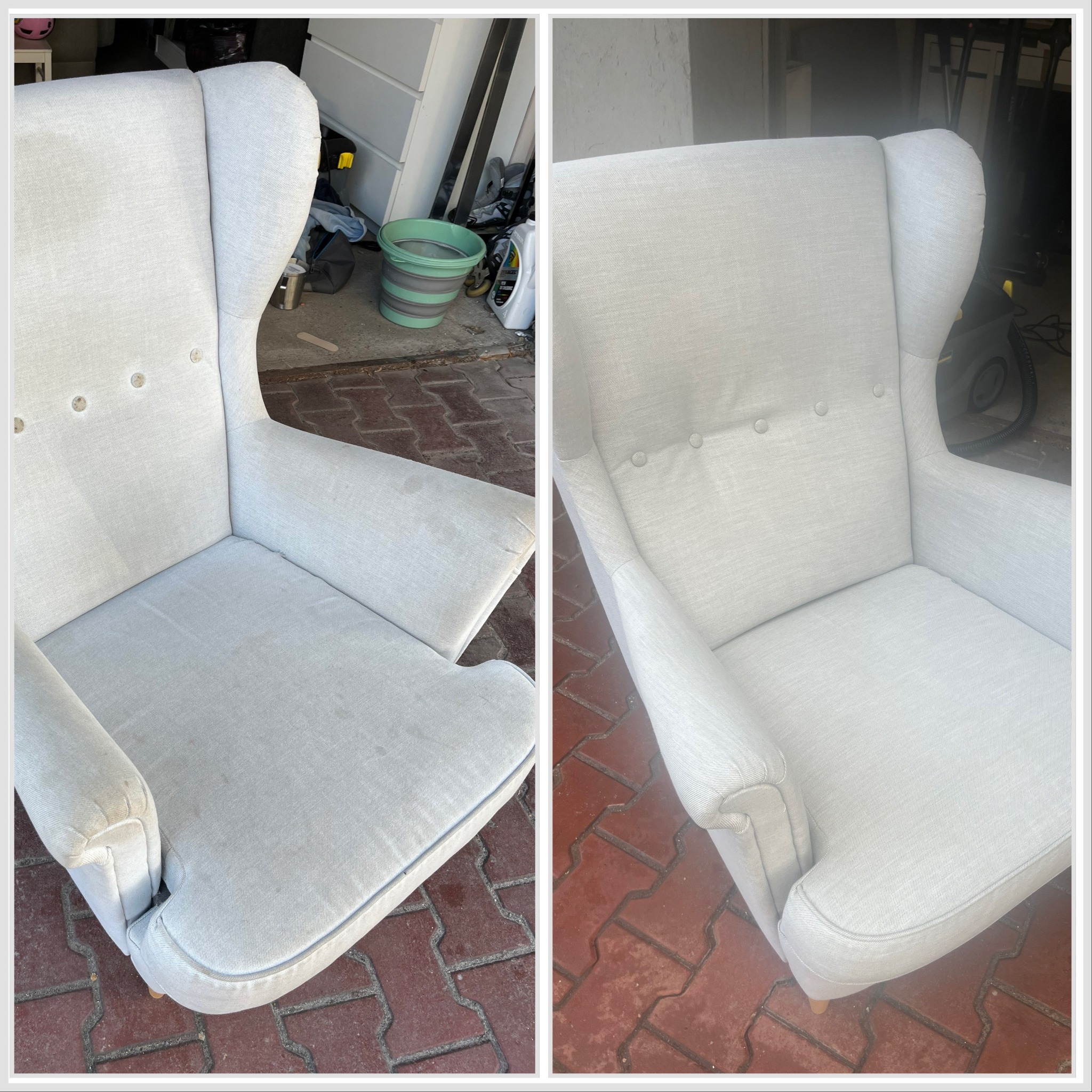 Kadr 'przed i po' prezentuje fotel z jasną tapicerką. Po lewej stronie widoczne zabrudzenia, po prawej - czysty fotel po zabiegu czyszczenia tapicerki.