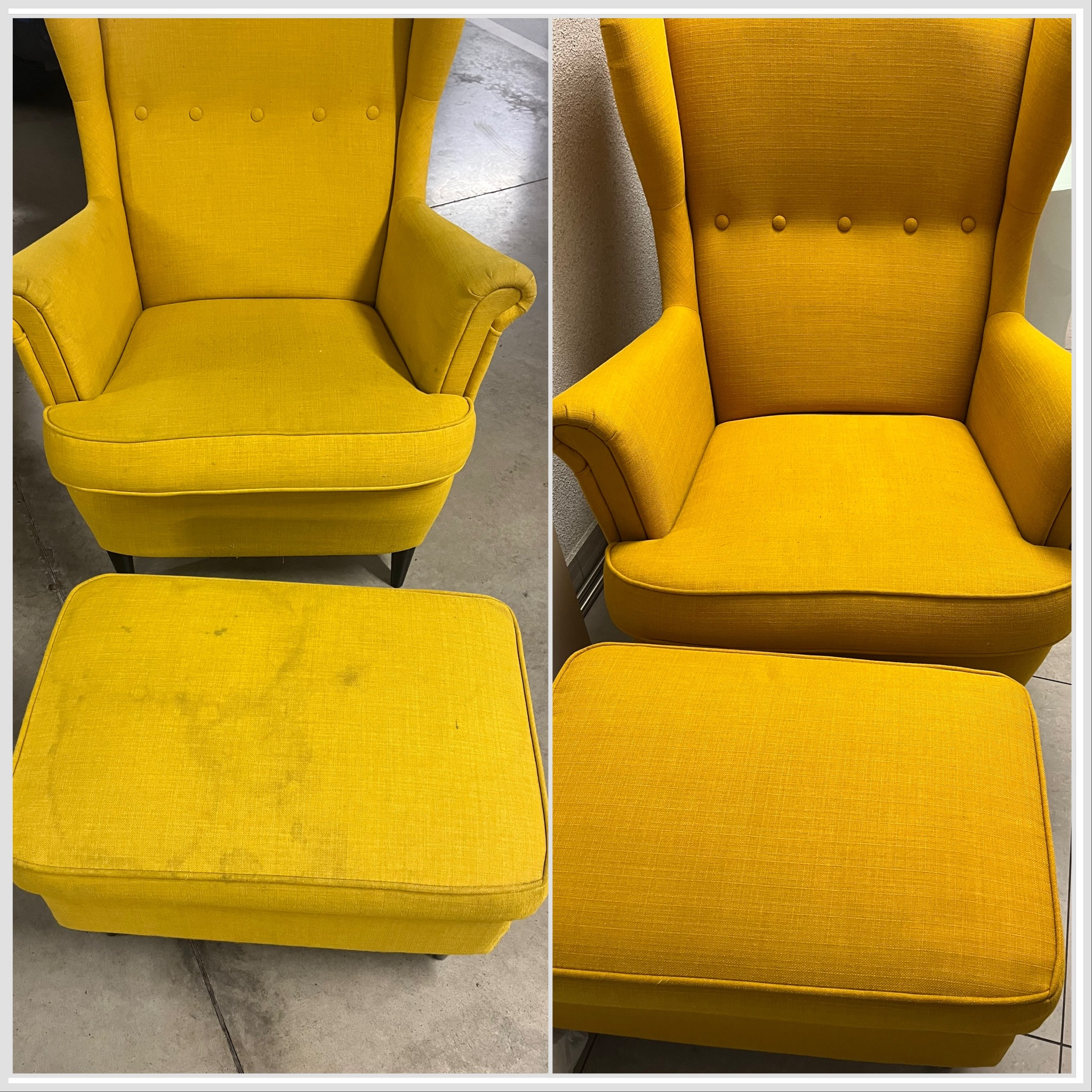 Żółty fotel typu uszak i podnóżek przed i po czyszczeniu. Widoczne plamy na podnóżku przed czyszczeniem i czysta tapicerka po zabiegu. Jasne tło.
