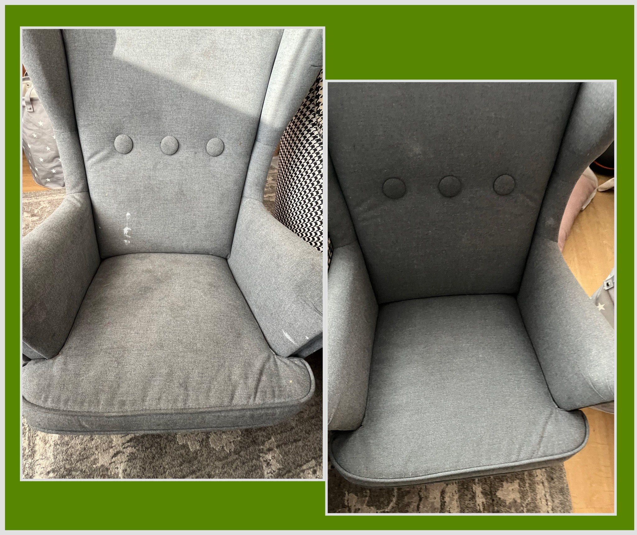 Szary fotel typu uszak przed i po czyszczeniu tapicerki. Widoczne plamy na siedzisku przed zabiegiem, a po - czysta, odświeżona tkanina. Porównanie efektu.