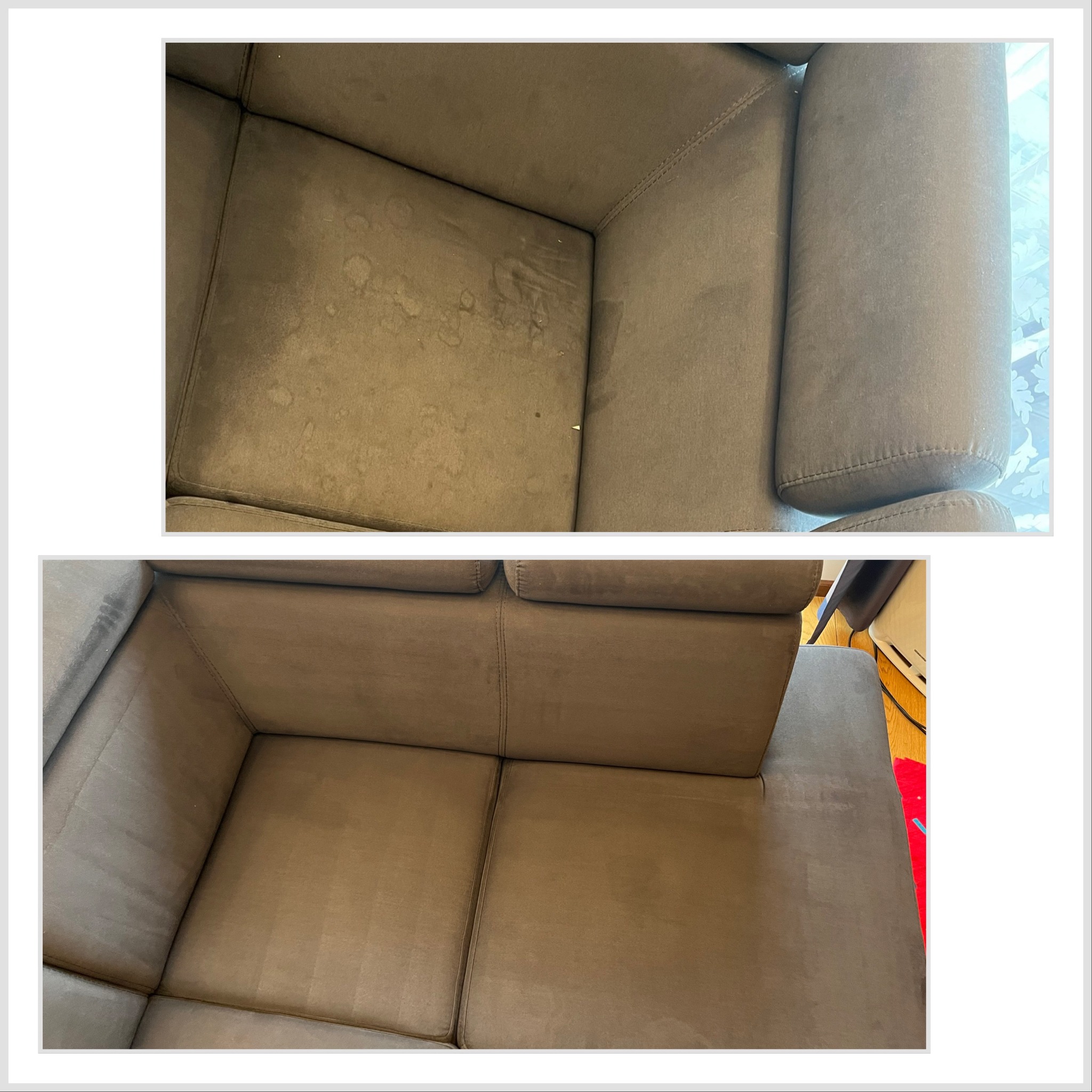 Zdjęcie 'przed i po' prania narożnika z brązowej tapicerki. Widoczne wyraźne różnice w czystości materiału, usunięte plamy i zabrudzenia.