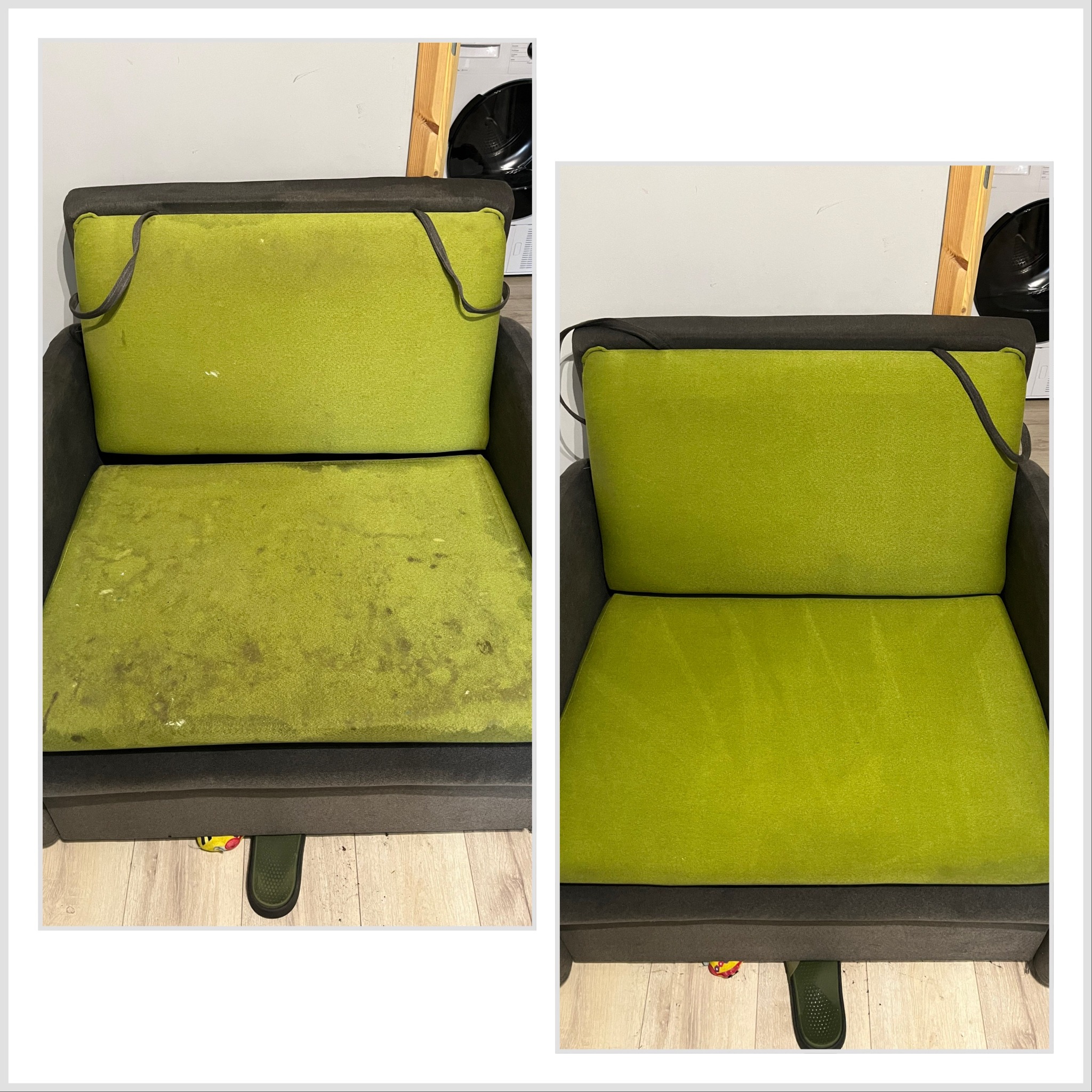 Fotel z zieloną tapicerką przed i po czyszczeniu. Widoczne plamy i zabrudzenia usunięte. Efekt prania tapicerki. Porównanie stanu przed i po zabiegu.